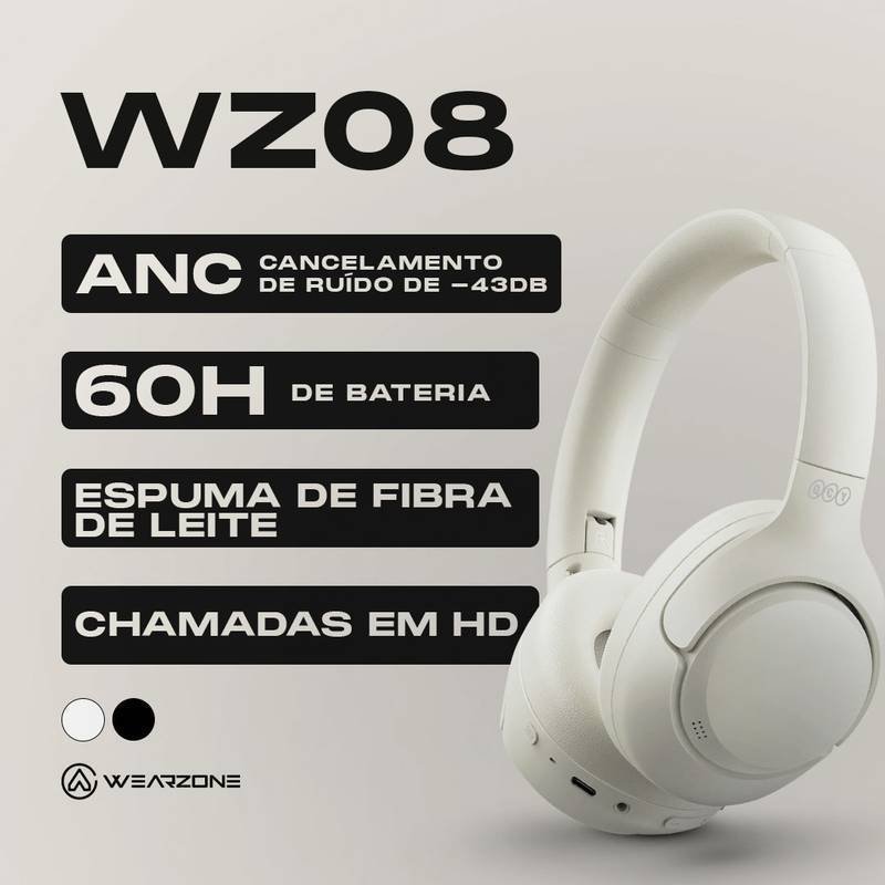 HEADSET WZ08 | WEARZONE | CANCELAMENTO DE RUÍDO PROFUNDO| ATÉ 60 HORAS DE BATERIA| CHAMADAS EM HD